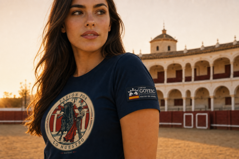 Mujer con camiseta y parche en plaza de toros