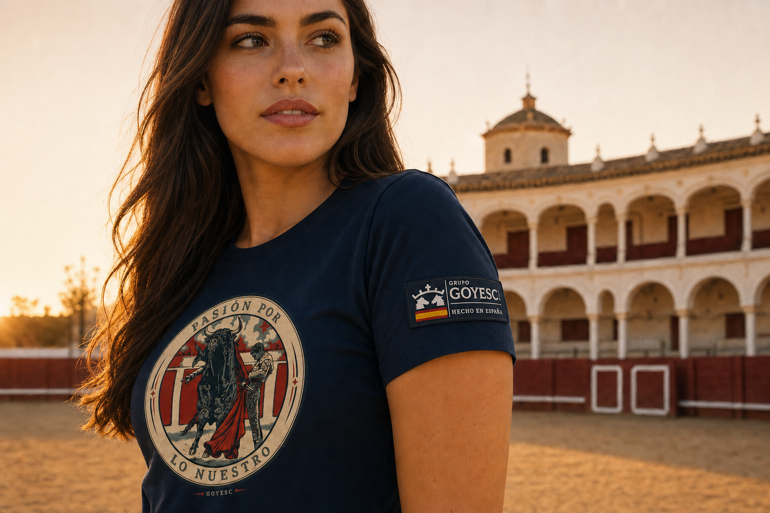 Mujer con camiseta y parche en plaza de toros